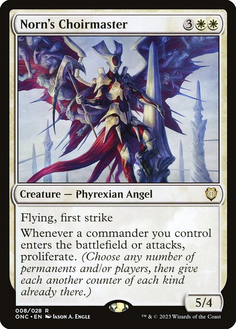 Norn's Choirmaster, Phyrexia: All Will Be One Commander, White, Rare, , Creature, Phyrexian Angel, Non-Foil, NM
