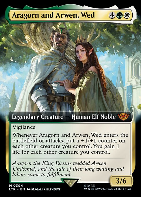 Aragorn and Arwen, Wed, The Lord of the Rings Extended Art, Multicolor, Mythic, Selesnya, Legendary Creature, Human Elf Noble, Non-Foil, NM