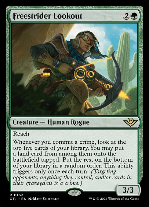 Freestrider Lookout, Outlaws of Thunder Junction, Green, Rare, , Creature, Human Rogue, Foil, NM