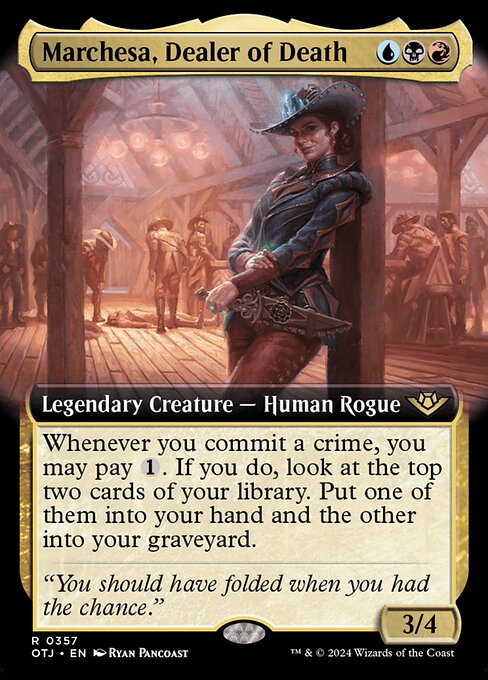 Marchesa, Dealer of Death, Outlaws of Thunder Junction Extended Art, Multicolor, Rare, Grixis, Legendary Creature, Human Rogue, Foil, NM