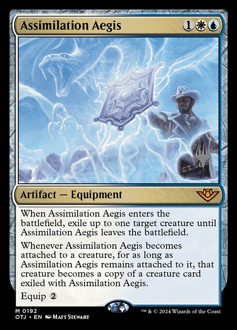 Assimilation Aegis, Outlaws of Thunder Junction Promos, Multicolor, Mythic, Azorius, Artifact, Equipment, Non-Foil, NM