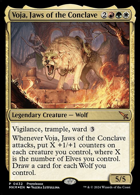 Voja, Jaws of the Conclave, Murders at Karlov Manor Promos, Multicolor, Mythic, Naya, Legendary Creature, Wolf, Foil, NM