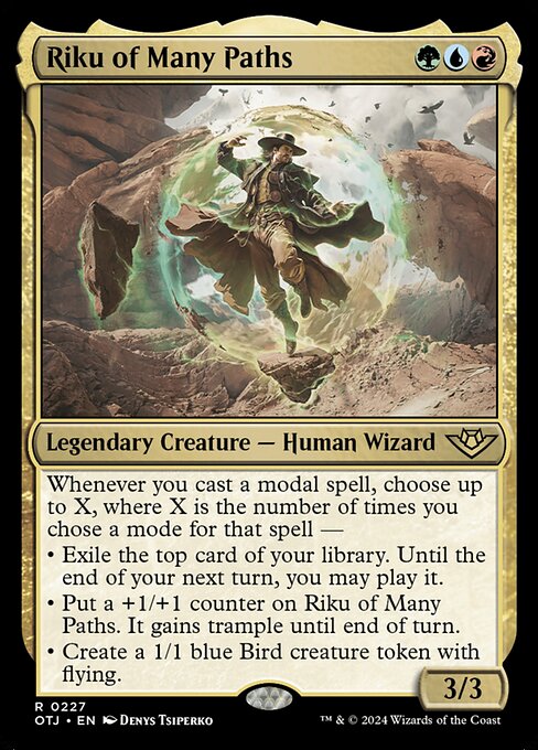 Riku of Many Paths, Outlaws of Thunder Junction, Multicolor, Rare, Temur, Legendary Creature, Human Wizard, Non-Foil, NM