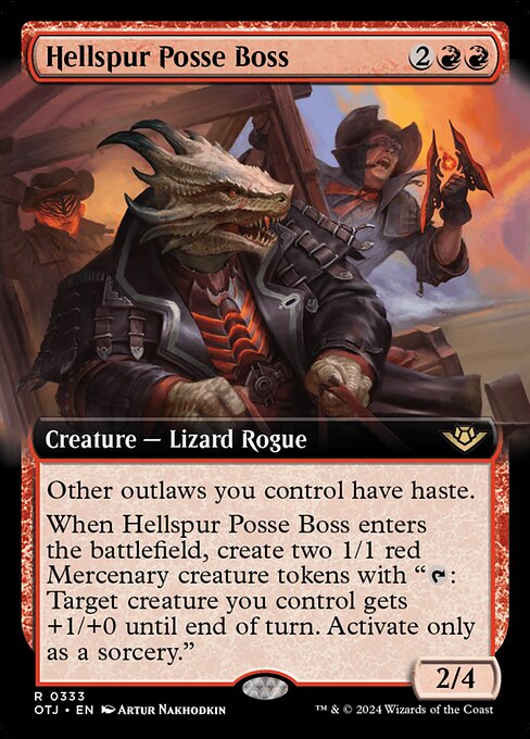 Hellspur Posse Boss, Outlaws of Thunder Junction Extended Art, Red, Rare, , Creature, Lizard Rogue, Non-Foil, NM
