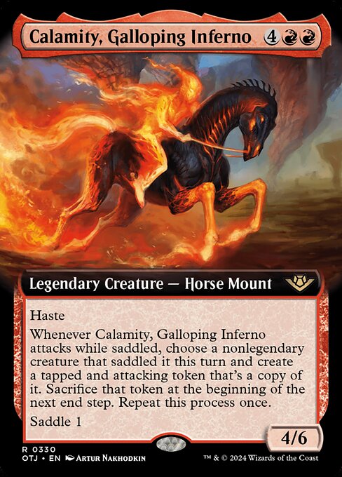 Calamity, Galloping Inferno, Outlaws of Thunder Junction Extended Art, Red, Rare, , Legendary Creature, Horse Mount, Foil, NM