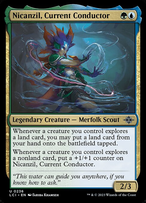 Nicanzil, Current Conductor, The Lost Caverns of Ixalan, Multicolor, Uncommon, Simic, Legendary Creature, Merfolk Scout, Foil, NM