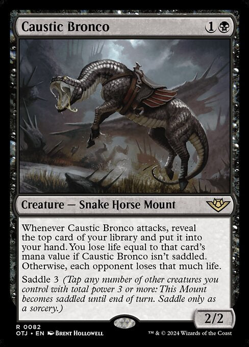 Caustic Bronco, Outlaws of Thunder Junction, Black, Rare, , Creature, Snake Horse Mount, Non-Foil, NM