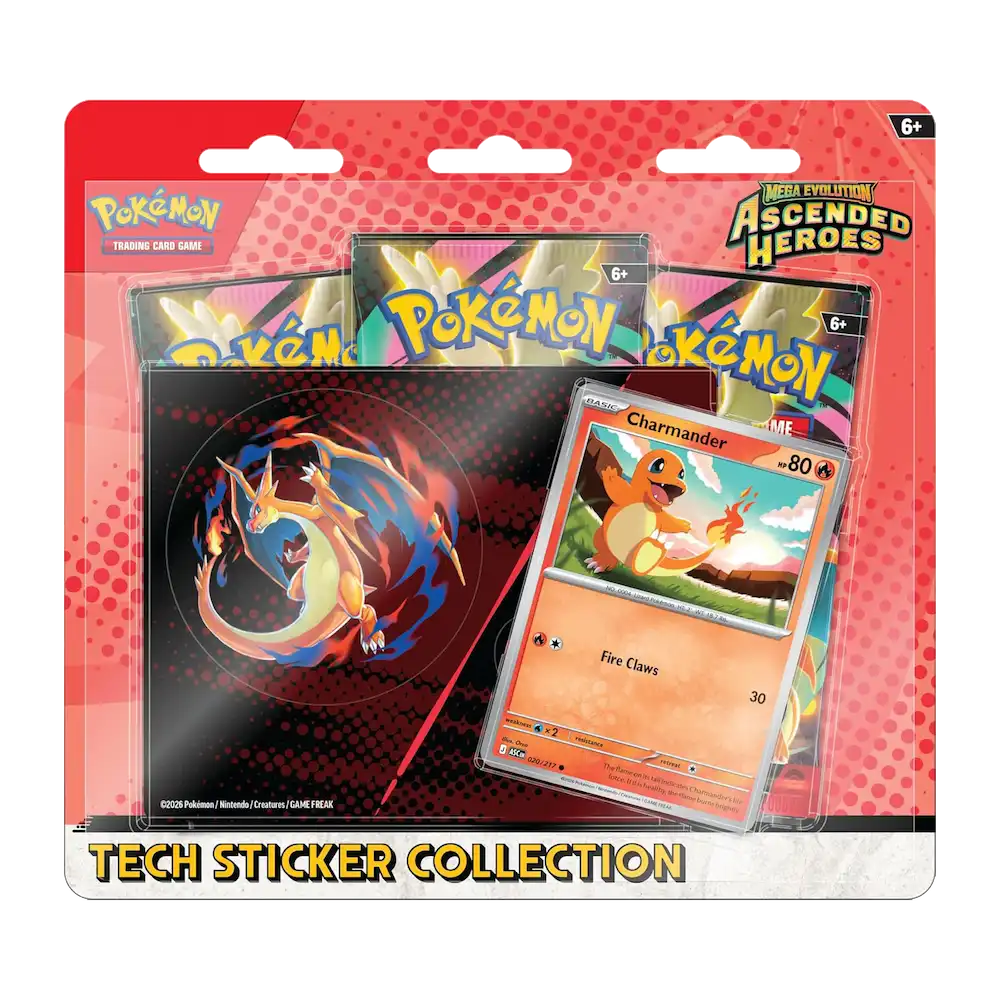 Pokémon - Mega Evolution: Ascended Heroes Tech Sticker Collection (3 Packs, 1 Foil Promo Card & 1 Tech Sticker Sheet: Charmander)