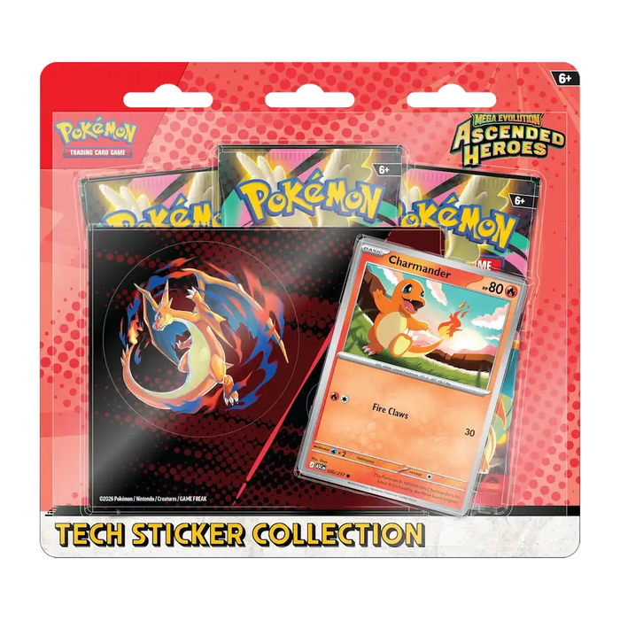 Pokémon - Mega Evolution: Ascended Heroes Tech Sticker Collection (3 Packs, 1 Foil Promo Card & 1 Tech Sticker Sheet: Charmander)