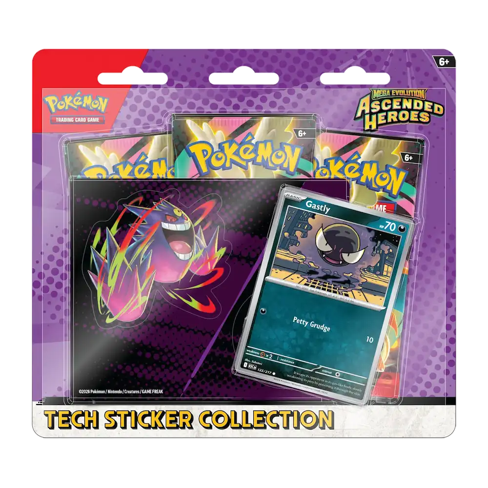 Pokémon - Mega Evolution: Ascended Heroes Tech Sticker Collection (3 Packs, 1 Foil Promo Card & 1 Tech Sticker Sheet: Gastly)