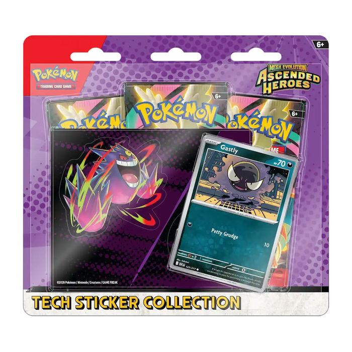 Pokémon - Mega Evolution: Ascended Heroes Tech Sticker Collection (3 Packs, 1 Foil Promo Card & 1 Tech Sticker Sheet: Gastly)