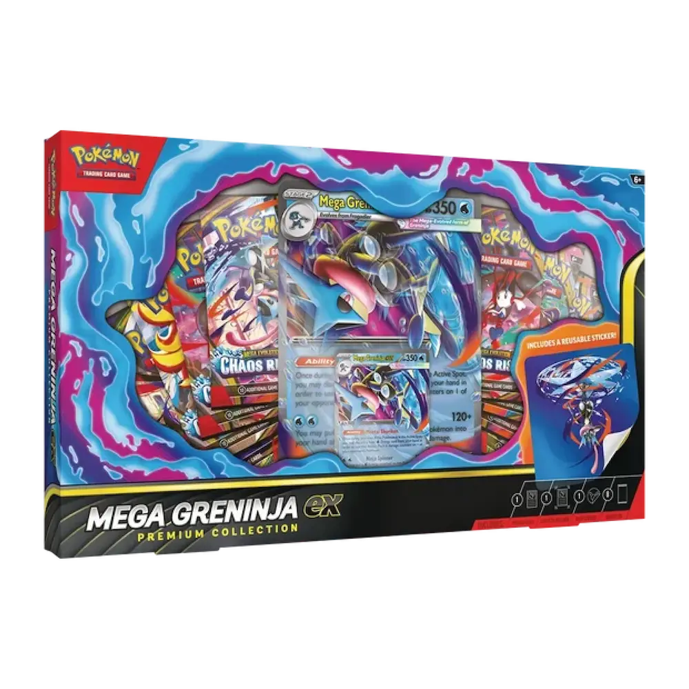 Pokémon - Mega Greninja ex Premium Collection Box (8 Booster Packs, 1 Foil Promo Card, 1 Oversize Promo Card & 1 Tech Sticker)